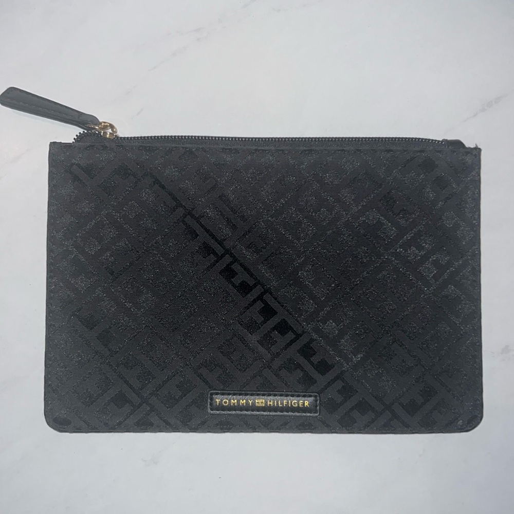 Tommy Hilfiger black clutch pocket bag purse slim gold metal zipper bag 9” x 6” - Picture 1 of 11
